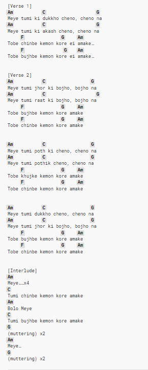 meye tumi ki dukkho cheno chords with lyrics by ayub bacchu 